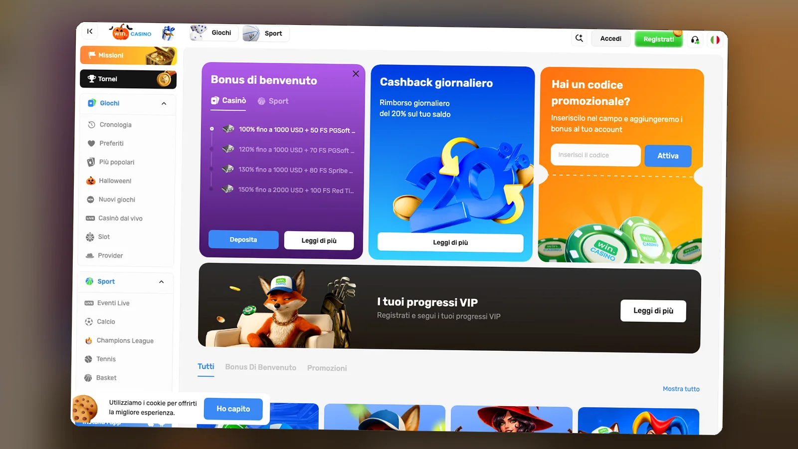 La pagina delle promozioni con il riquadro del benvenuto e il cashback, 30 ottobre 2026